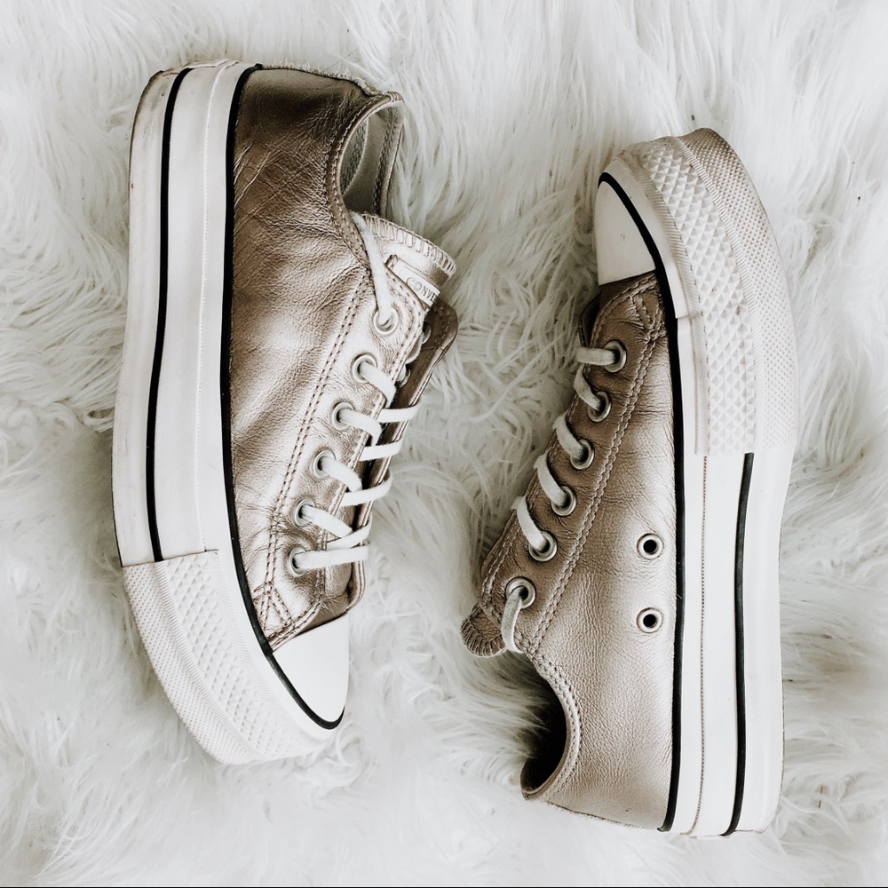 CONVERSE All Star Flatform Platform Metallic Gold Leather Sneakers Shoes Size 7